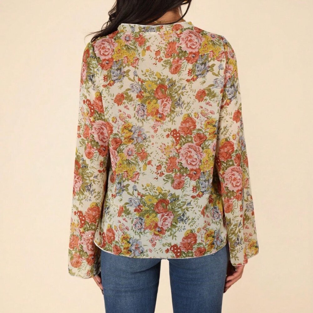 Apricot Boho Women's Floral Print Trumpet Sleeve Blouse - Picture 2 of 6